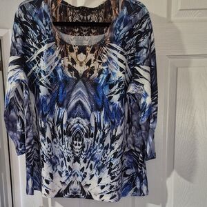 BLEU Abstract Blue and Black Women's 3/4 Sleeve Top (XL)